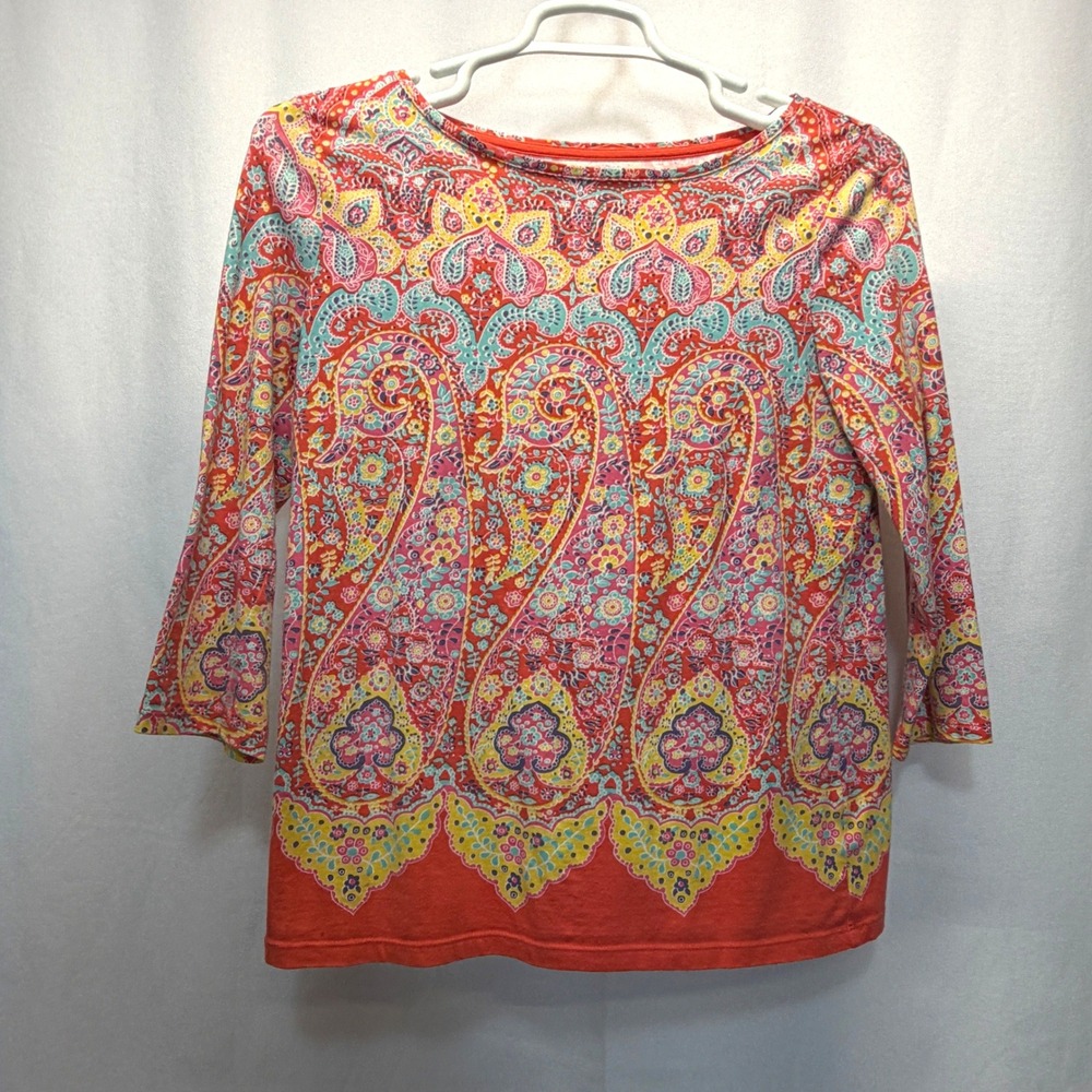 Talbots Petite Medium Floral‎ Paisley Print 3/4 Sleeve Top Shirt Coral Colorful
